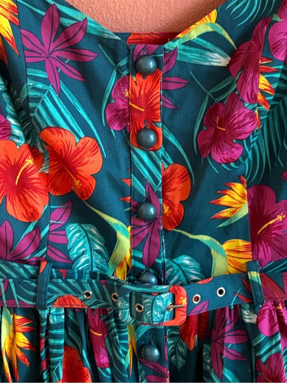 Collectif Teal Tropical Floral Sundress with Red & Purple Accents - Picture 2 of 11